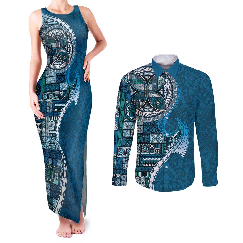 Samoan Siapo Art Tattoo Polynesian Pattern Couples Matching Tank Maxi Dress and Long Sleeve Button Shirt Teal Color - Polynesian Pride