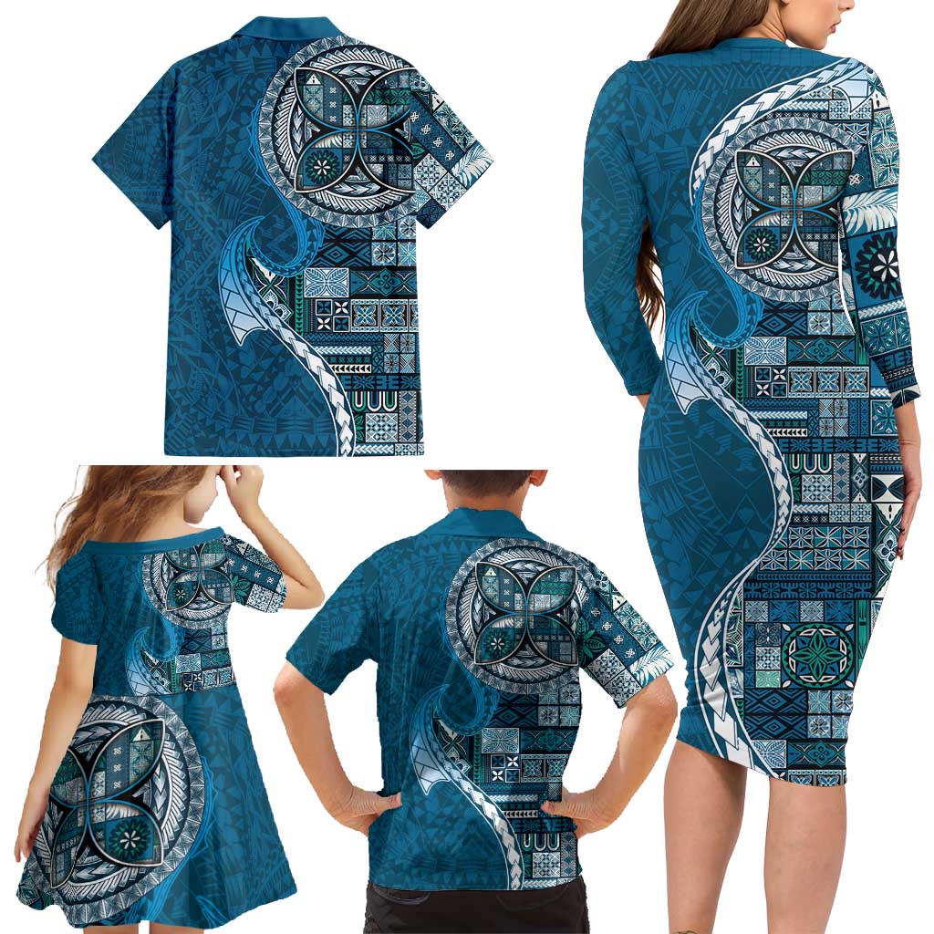 Samoan Siapo Art Tattoo Polynesian Pattern Family Matching Long Sleeve Bodycon Dress and Hawaiian Shirt Teal Color LT03 - Polynesian Pride