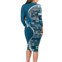 Samoan Siapo Art Tattoo Polynesian Pattern Family Matching Long Sleeve Bodycon Dress and Hawaiian Shirt Teal Color LT03 - Polynesian Pride