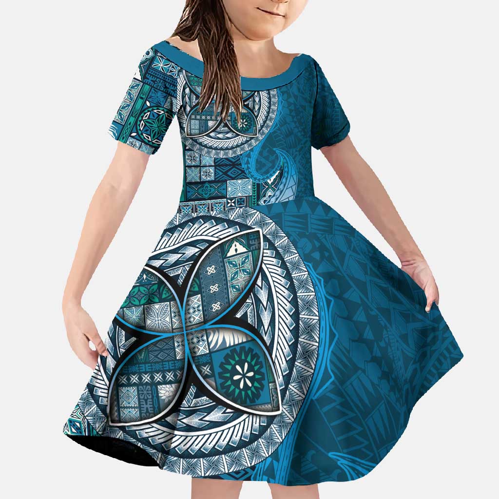 Samoan Siapo Art Tattoo Polynesian Pattern Family Matching Mermaid Dress and Hawaiian Shirt Teal Color LT03 Daughter's Dress Teal - Polynesian Pride