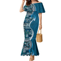 Samoan Siapo Art Tattoo Polynesian Pattern Family Matching Mermaid Dress and Hawaiian Shirt Teal Color LT03 Mom's Dress Teal - Polynesian Pride