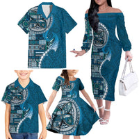 Samoan Siapo Art Tattoo Polynesian Pattern Family Matching Off The Shoulder Long Sleeve Dress and Hawaiian Shirt Teal Color LT03 - Polynesian Pride