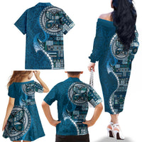 Samoan Siapo Art Tattoo Polynesian Pattern Family Matching Off The Shoulder Long Sleeve Dress and Hawaiian Shirt Teal Color LT03 - Polynesian Pride