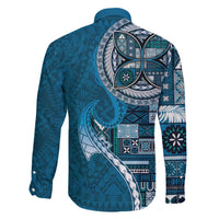 Samoan Siapo Art Tattoo Polynesian Pattern Family Matching Off The Shoulder Long Sleeve Dress and Hawaiian Shirt Teal Color LT03 - Polynesian Pride