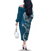 Samoan Siapo Art Tattoo Polynesian Pattern Family Matching Off The Shoulder Long Sleeve Dress and Hawaiian Shirt Teal Color LT03 - Polynesian Pride