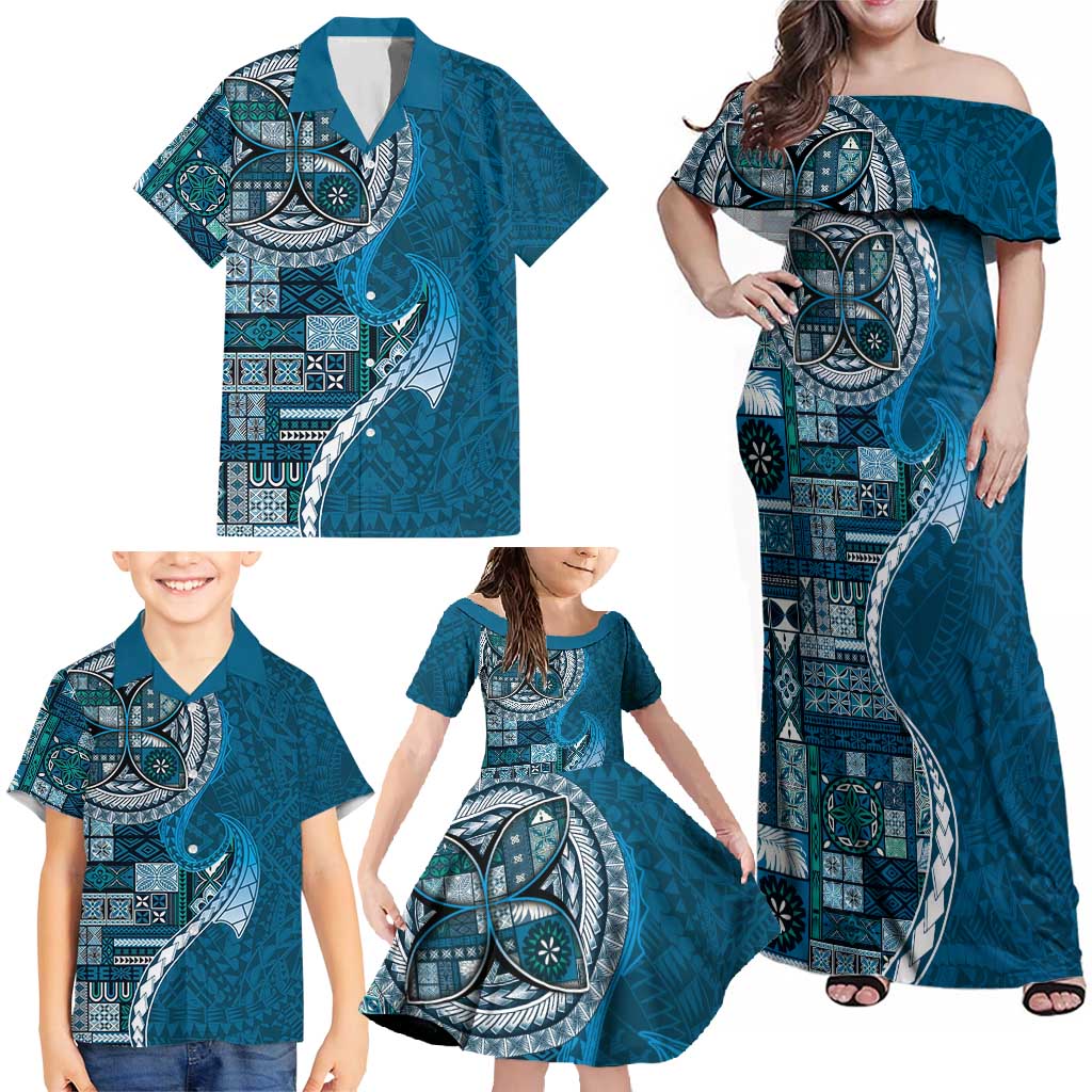 Samoan Siapo Art Tattoo Polynesian Pattern Family Matching Off Shoulder Maxi Dress and Hawaiian Shirt Teal Color LT03 - Polynesian Pride