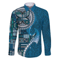 Samoan Siapo Art Tattoo Polynesian Pattern Family Matching Off Shoulder Maxi Dress and Hawaiian Shirt Teal Color LT03 Dad's Shirt - Long Sleeve Teal - Polynesian Pride