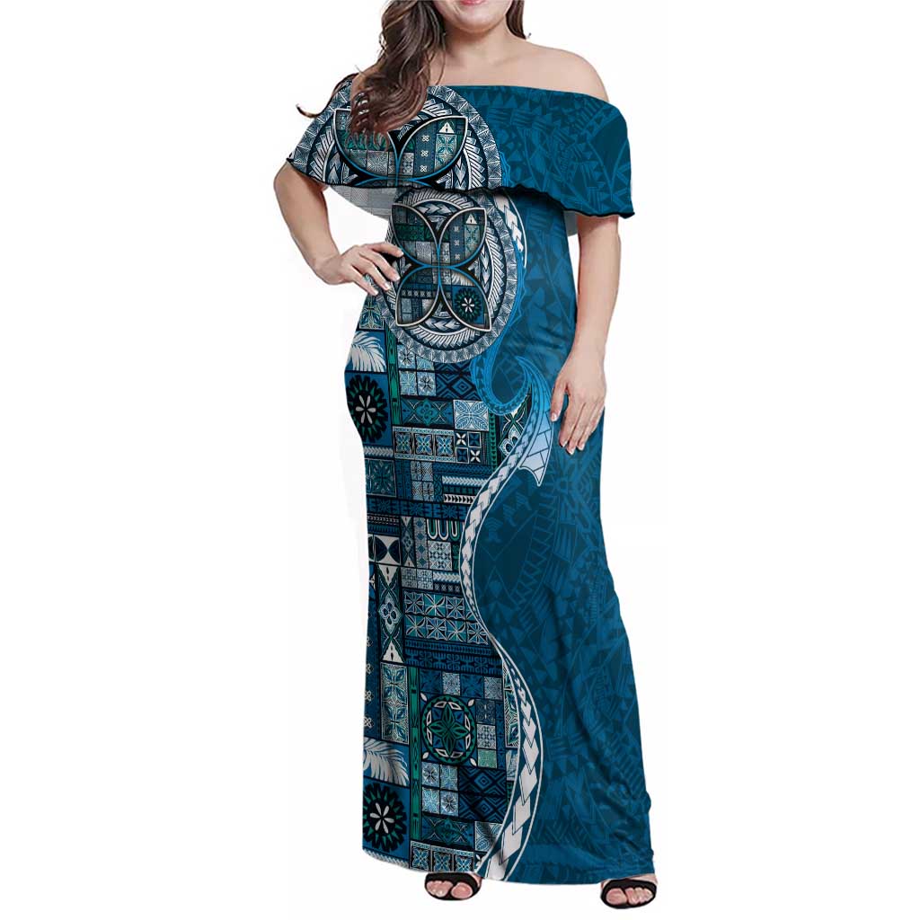 Samoan Siapo Art Tattoo Polynesian Pattern Family Matching Off Shoulder Maxi Dress and Hawaiian Shirt Teal Color LT03 Mom's Dress Teal - Polynesian Pride