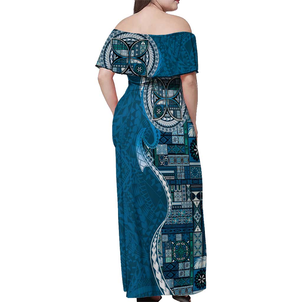 Samoan Siapo Art Tattoo Polynesian Pattern Family Matching Off Shoulder Maxi Dress and Hawaiian Shirt Teal Color LT03 - Polynesian Pride