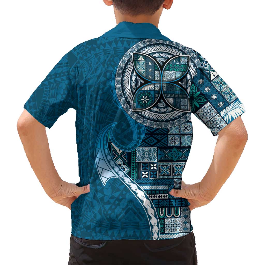 Samoan Siapo Art Tattoo Polynesian Pattern Family Matching Off Shoulder Short Dress and Hawaiian Shirt Teal Color LT03 - Polynesian Pride