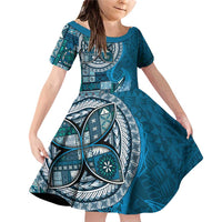 Samoan Siapo Art Tattoo Polynesian Pattern Family Matching Off Shoulder Short Dress and Hawaiian Shirt Teal Color LT03 Daughter's Dress Teal - Polynesian Pride
