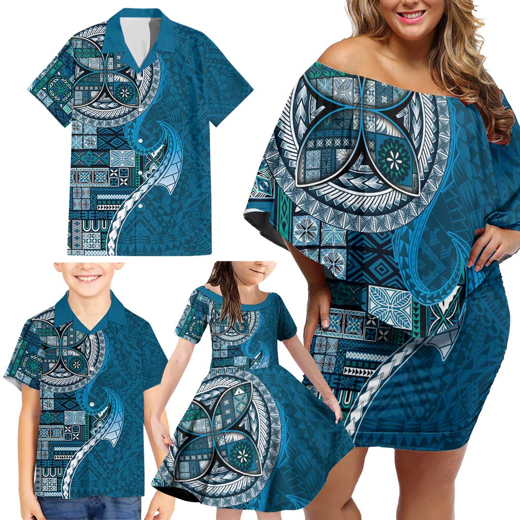 Samoan Siapo Art Tattoo Polynesian Pattern Family Matching Off Shoulder Short Dress and Hawaiian Shirt Teal Color LT03 - Polynesian Pride