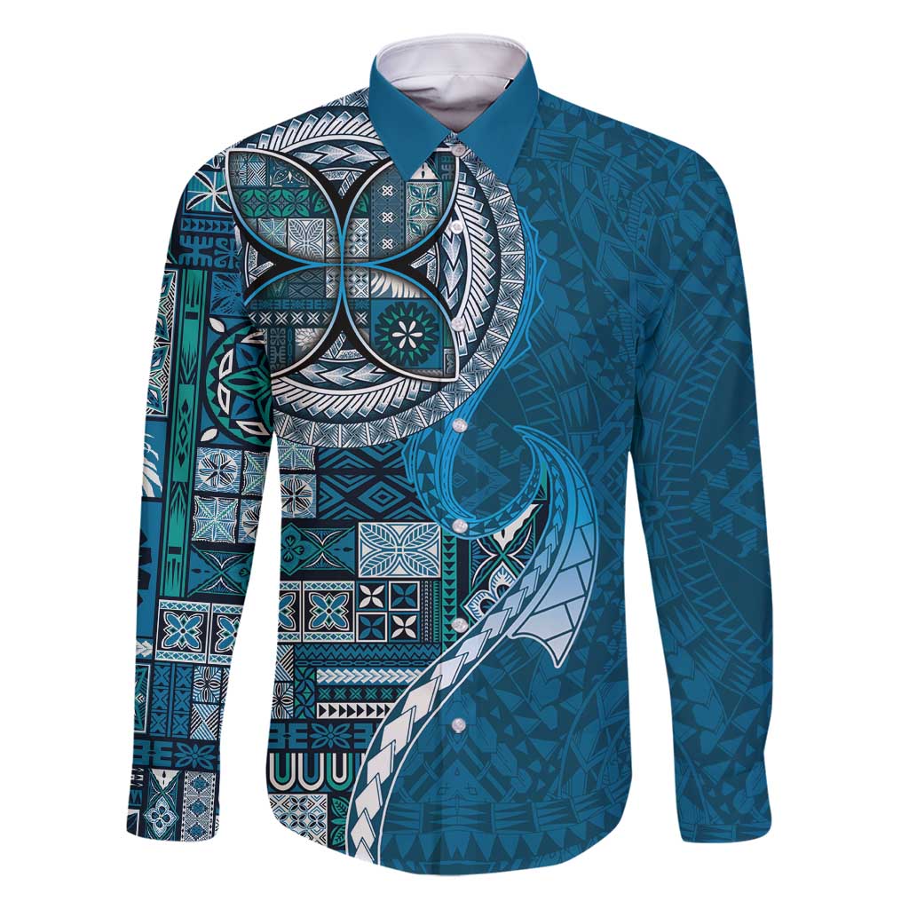 Samoan Siapo Art Tattoo Polynesian Pattern Family Matching Off Shoulder Short Dress and Hawaiian Shirt Teal Color LT03 Dad's Shirt - Long Sleeve Teal - Polynesian Pride