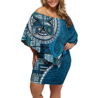 Samoan Siapo Art Tattoo Polynesian Pattern Family Matching Off Shoulder Short Dress and Hawaiian Shirt Teal Color LT03 Mom's Dress Teal - Polynesian Pride