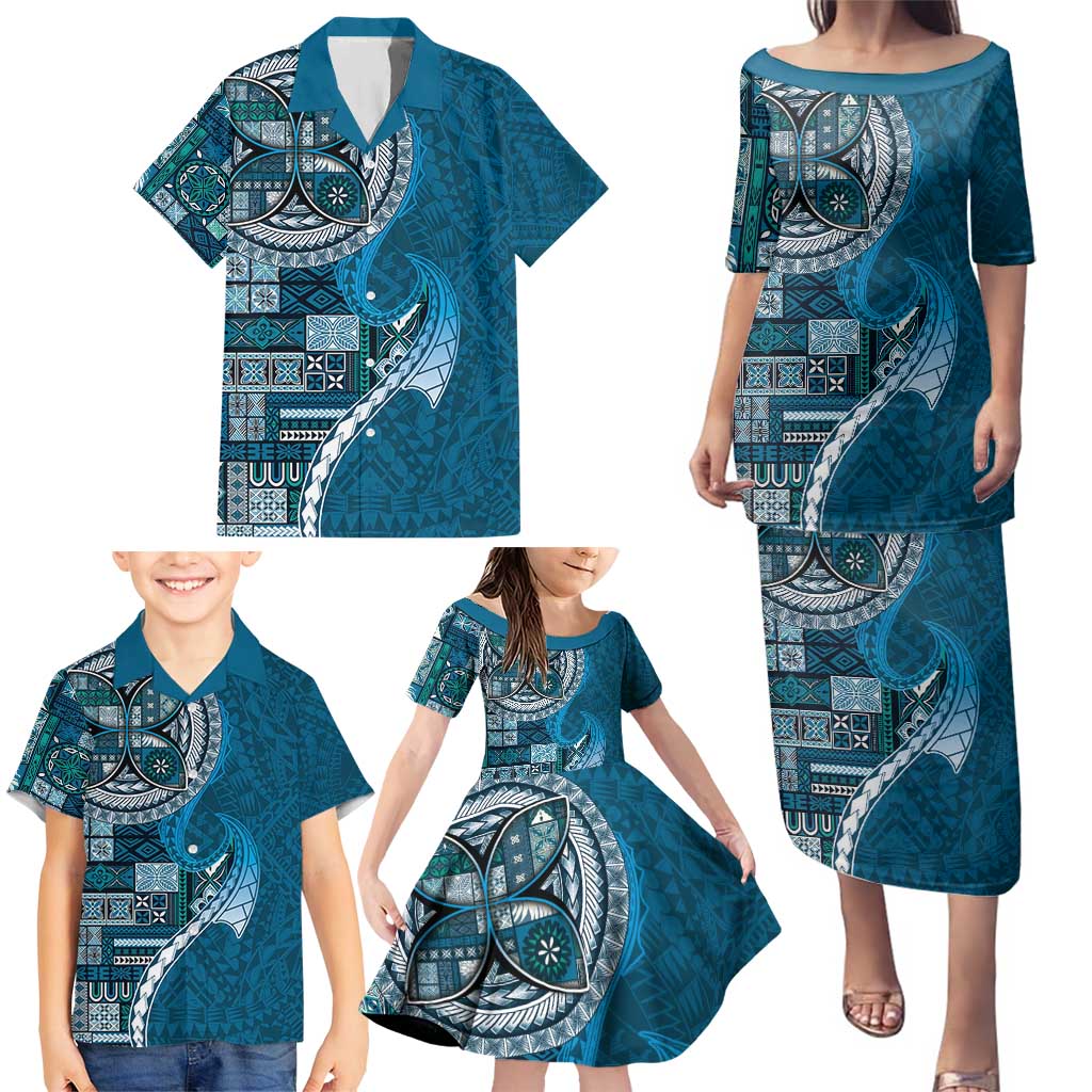 Samoan Siapo Art Tattoo Polynesian Pattern Family Matching Puletasi and Hawaiian Shirt Teal Color LT03 - Polynesian Pride