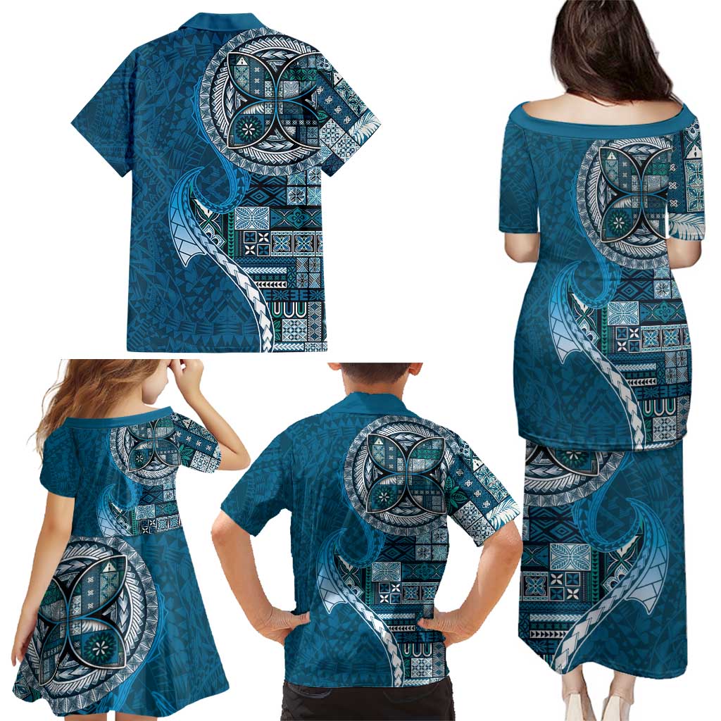 Samoan Siapo Art Tattoo Polynesian Pattern Family Matching Puletasi and Hawaiian Shirt Teal Color LT03 - Polynesian Pride
