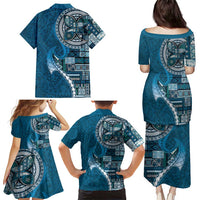 Samoan Siapo Art Tattoo Polynesian Pattern Family Matching Puletasi and Hawaiian Shirt Teal Color LT03 - Polynesian Pride