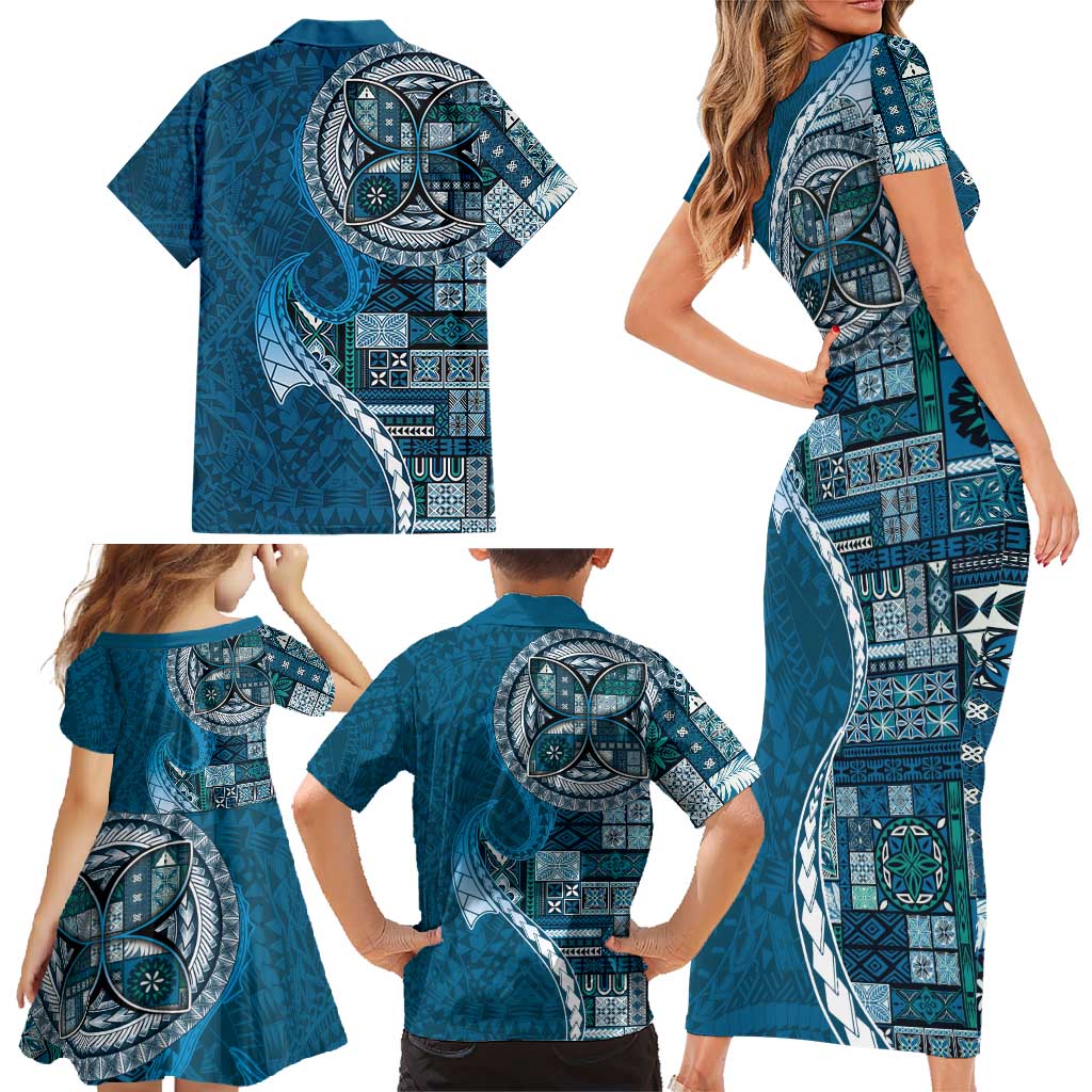 Samoan Siapo Art Tattoo Polynesian Pattern Family Matching Short Sleeve Bodycon Dress and Hawaiian Shirt Teal Color LT03 - Polynesian Pride