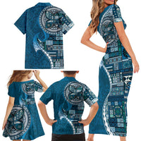 Samoan Siapo Art Tattoo Polynesian Pattern Family Matching Short Sleeve Bodycon Dress and Hawaiian Shirt Teal Color LT03 - Polynesian Pride