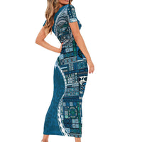 Samoan Siapo Art Tattoo Polynesian Pattern Family Matching Short Sleeve Bodycon Dress and Hawaiian Shirt Teal Color LT03 - Polynesian Pride