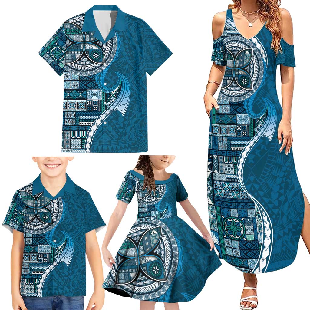 Samoan Siapo Art Tattoo Polynesian Pattern Family Matching Summer Maxi Dress and Hawaiian Shirt Teal Color LT03 - Polynesian Pride