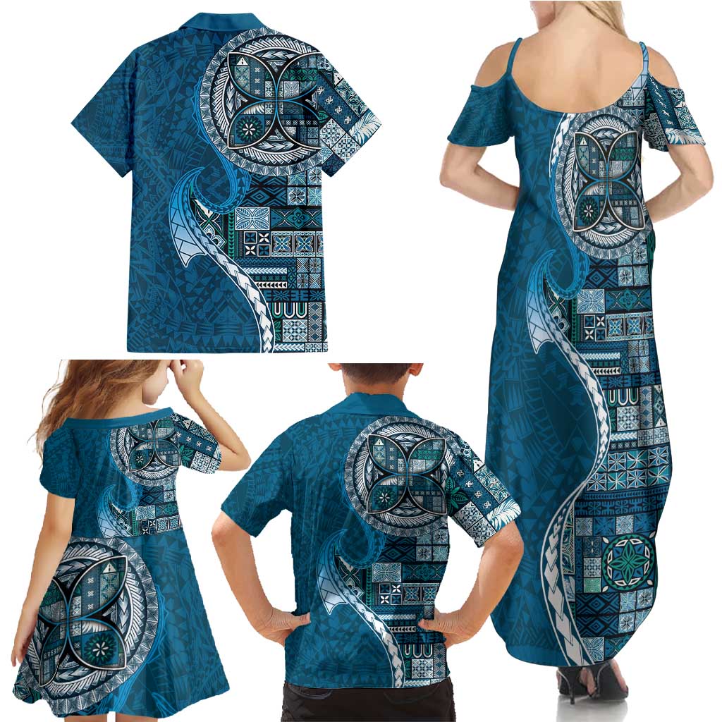 Samoan Siapo Art Tattoo Polynesian Pattern Family Matching Summer Maxi Dress and Hawaiian Shirt Teal Color LT03 - Polynesian Pride