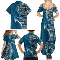 Samoan Siapo Art Tattoo Polynesian Pattern Family Matching Summer Maxi Dress and Hawaiian Shirt Teal Color LT03 - Polynesian Pride