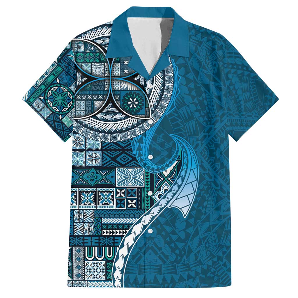 Samoan Siapo Art Tattoo Polynesian Pattern Family Matching Summer Maxi Dress and Hawaiian Shirt Teal Color LT03 Dad's Shirt - Short Sleeve Teal - Polynesian Pride