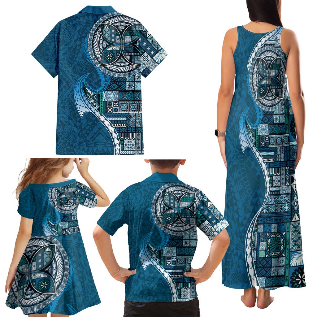 Samoan Siapo Art Tattoo Polynesian Pattern Family Matching Tank Maxi Dress and Hawaiian Shirt Teal Color LT03 - Polynesian Pride