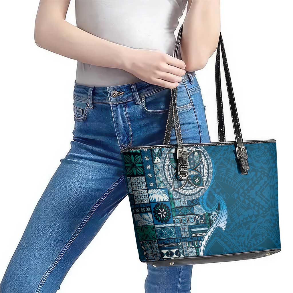 Samoan Siapo Art Tattoo Polynesian Pattern Leather Tote Bag Teal Color - Polynesian Pride