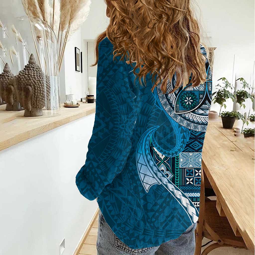 Samoan Siapo Art Tattoo Polynesian Pattern Women Casual Shirt Teal Color - Polynesian Pride
