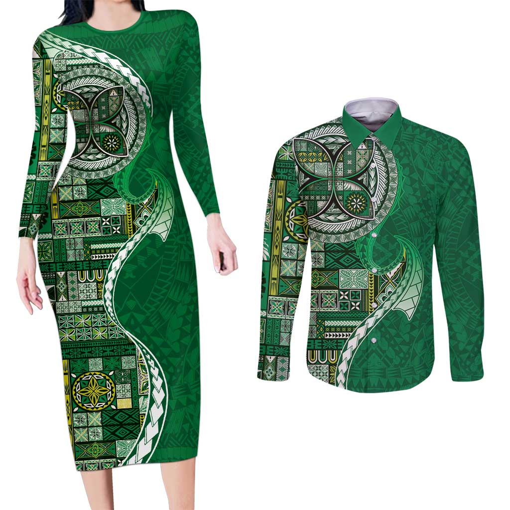 Samoan Siapo Art Tattoo Polynesian Pattern Couples Matching Long Sleeve Bodycon Dress and Long Sleeve Button Shirt Green Color LT03 Green - Polynesian Pride