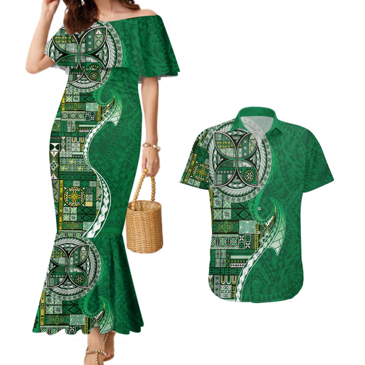 Samoan Siapo Art Tattoo Polynesian Pattern Couples Matching Mermaid Dress and Hawaiian Shirt Green Color LT03 Green - Polynesian Pride