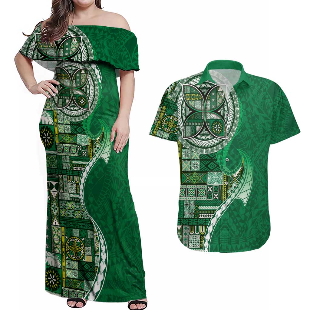 Samoan Siapo Art Tattoo Polynesian Pattern Couples Matching Off Shoulder Maxi Dress and Hawaiian Shirt Green Color LT03 Green - Polynesian Pride