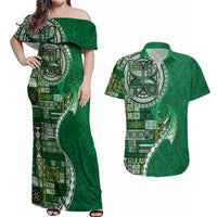 Samoan Siapo Art Tattoo Polynesian Pattern Couples Matching Off Shoulder Maxi Dress and Hawaiian Shirt Green Color LT03 Green - Polynesian Pride