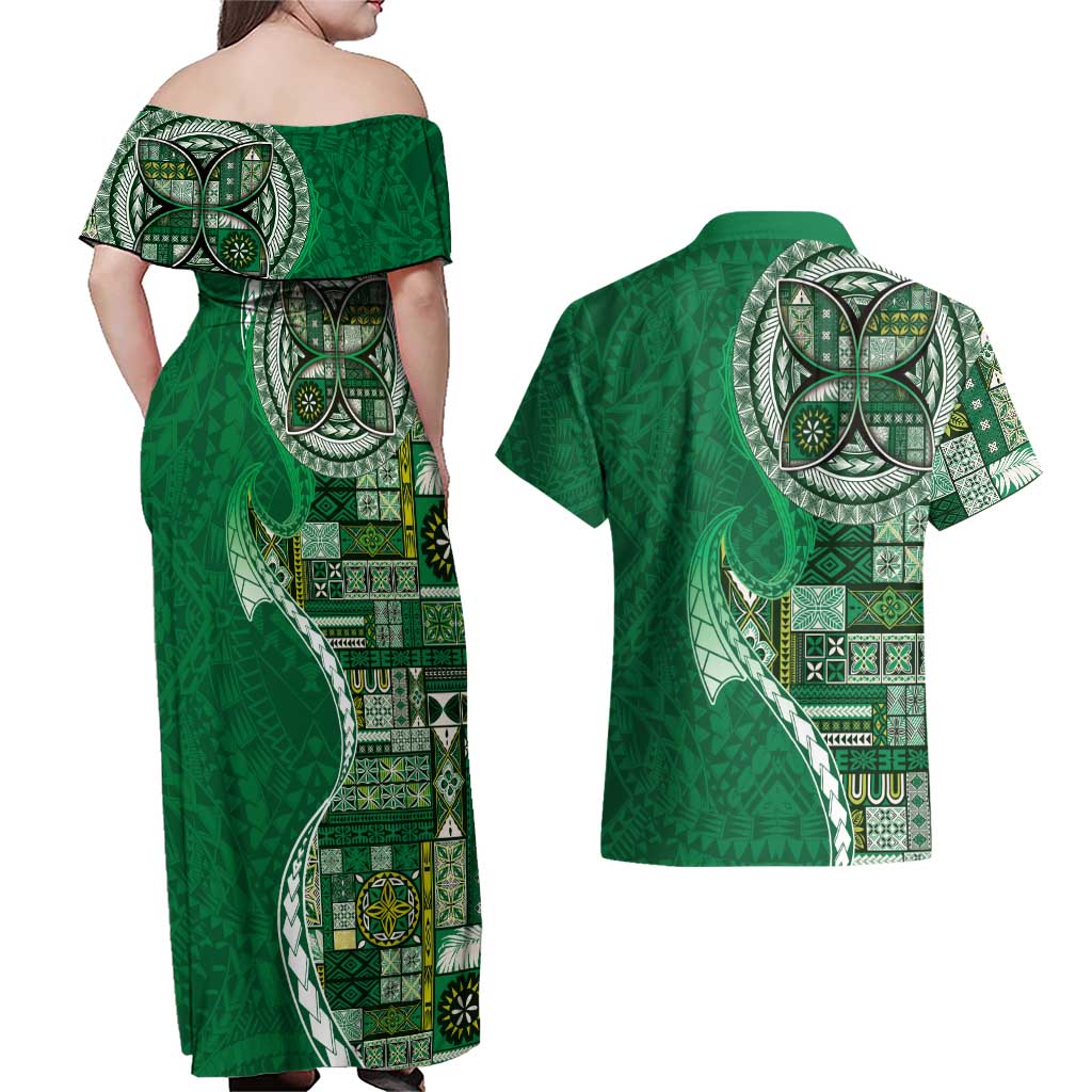 Samoan Siapo Art Tattoo Polynesian Pattern Couples Matching Off Shoulder Maxi Dress and Hawaiian Shirt Green Color LT03 - Polynesian Pride