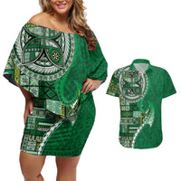 Samoan Siapo Art Tattoo Polynesian Pattern Couples Matching Off Shoulder Short Dress and Hawaiian Shirt Green Color LT03 Green - Polynesian Pride