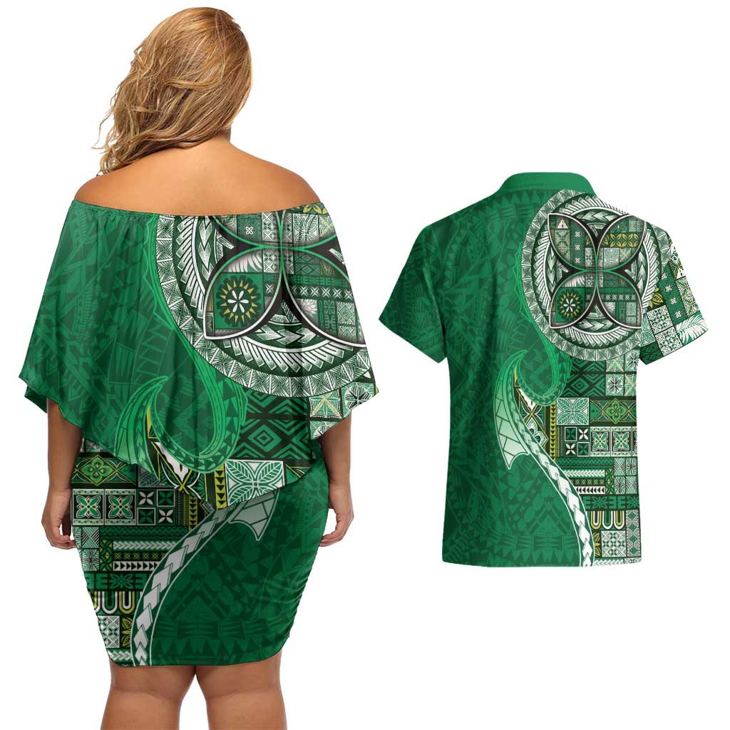 Samoan Siapo Art Tattoo Polynesian Pattern Couples Matching Off Shoulder Short Dress and Hawaiian Shirt Green Color LT03 - Polynesian Pride