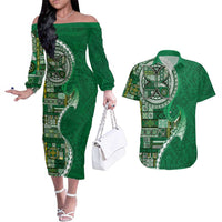 Samoan Siapo Art Tattoo Polynesian Pattern Couples Matching Off The Shoulder Long Sleeve Dress and Hawaiian Shirt Green Color LT03 Green - Polynesian Pride