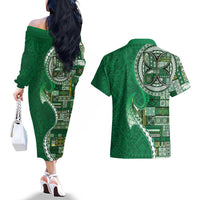 Samoan Siapo Art Tattoo Polynesian Pattern Couples Matching Off The Shoulder Long Sleeve Dress and Hawaiian Shirt Green Color LT03 - Polynesian Pride