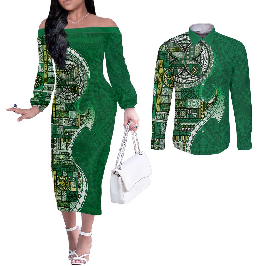 Samoan Siapo Art Tattoo Polynesian Pattern Couples Matching Off The Shoulder Long Sleeve Dress and Long Sleeve Button Shirt Green Color LT03 Green - Polynesian Pride