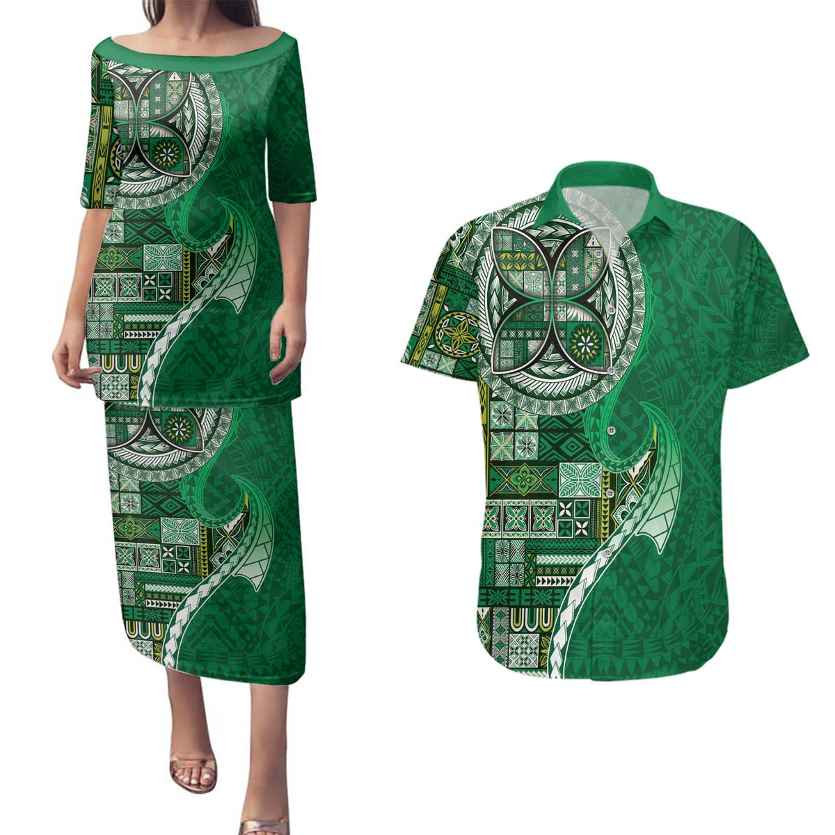 Samoan Siapo Art Tattoo Polynesian Pattern Couples Matching Puletasi and Hawaiian Shirt Green Color - Polynesian Pride