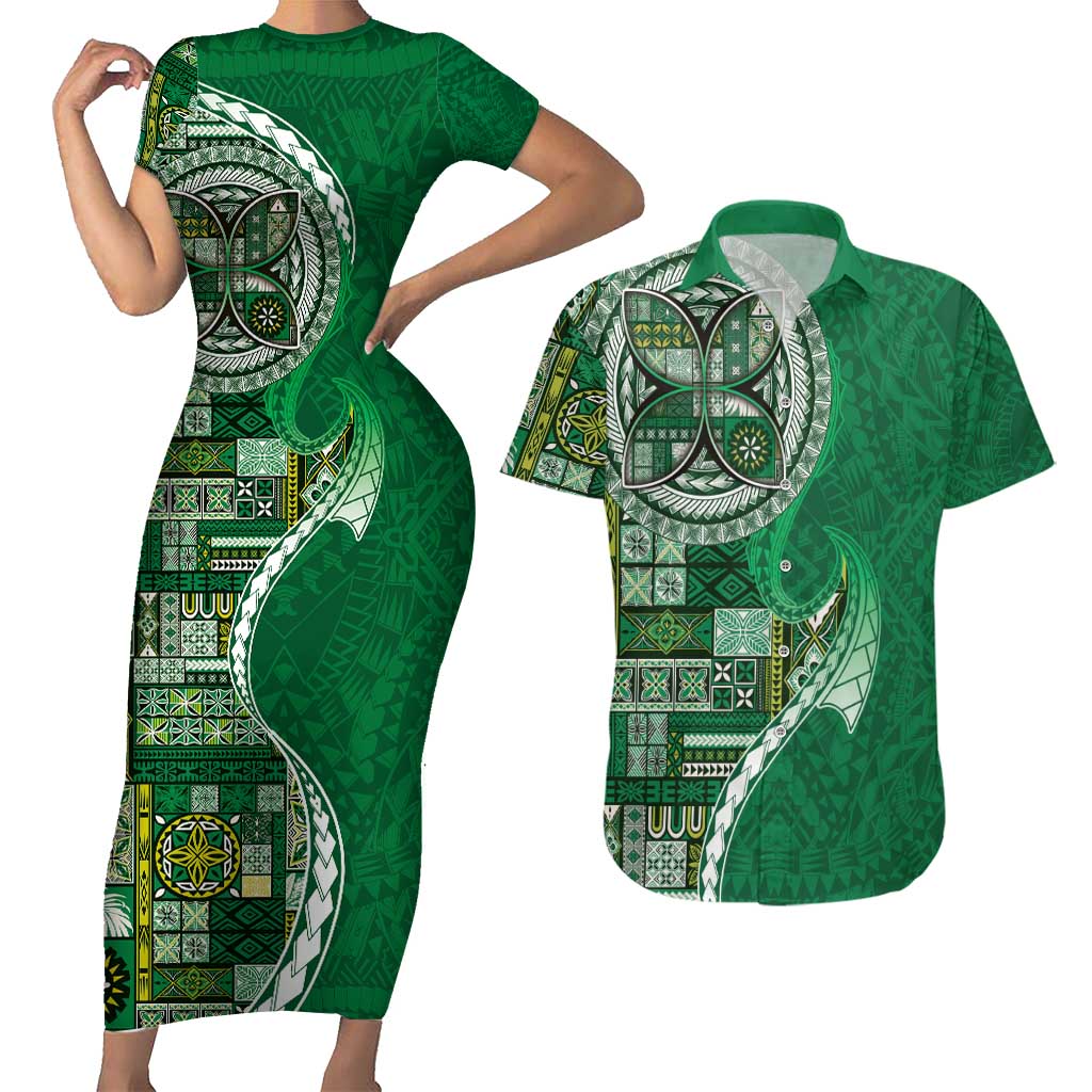 Samoan Siapo Art Tattoo Polynesian Pattern Couples Matching Short Sleeve Bodycon Dress and Hawaiian Shirt Green Color LT03 Green - Polynesian Pride