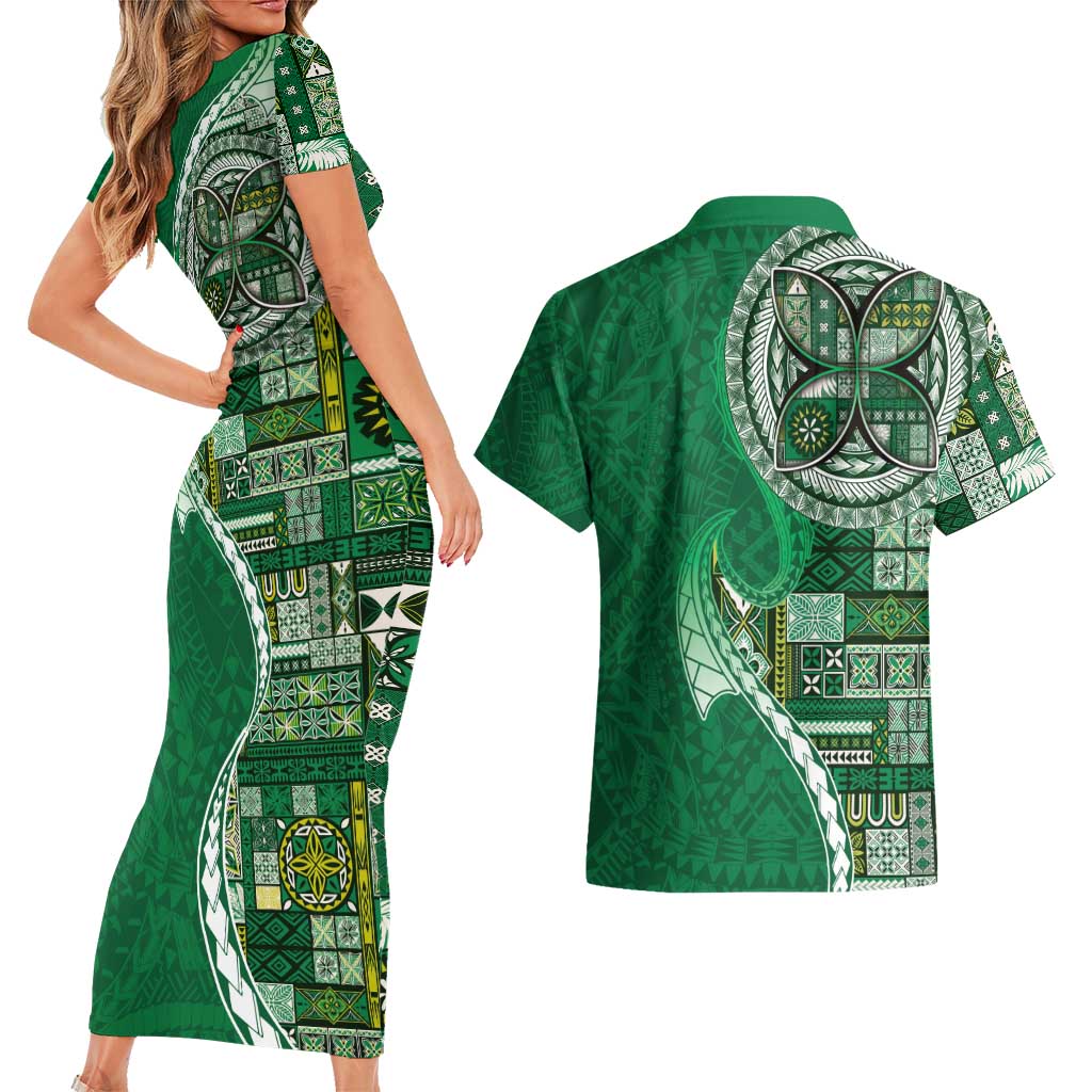 Samoan Siapo Art Tattoo Polynesian Pattern Couples Matching Short Sleeve Bodycon Dress and Hawaiian Shirt Green Color LT03 - Polynesian Pride