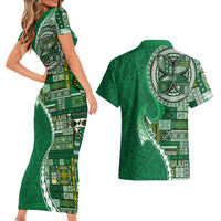 Samoan Siapo Art Tattoo Polynesian Pattern Couples Matching Short Sleeve Bodycon Dress and Hawaiian Shirt Green Color LT03 - Polynesian Pride