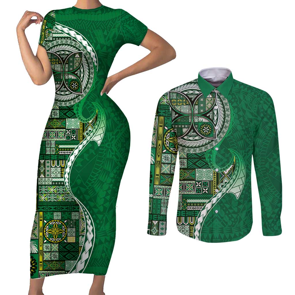 Samoan Siapo Art Tattoo Polynesian Pattern Couples Matching Short Sleeve Bodycon Dress and Long Sleeve Button Shirt Green Color LT03 Green - Polynesian Pride