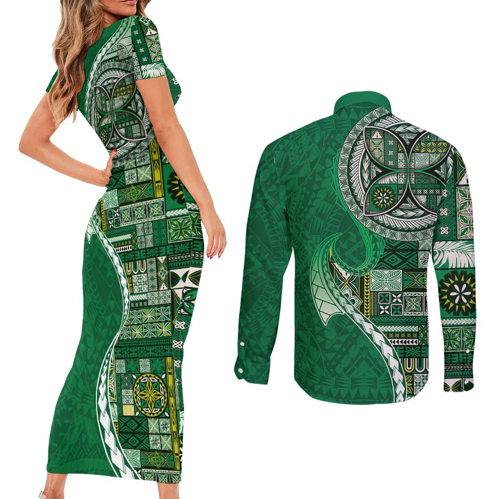 Samoan Siapo Art Tattoo Polynesian Pattern Couples Matching Short Sleeve Bodycon Dress and Long Sleeve Button Shirt Green Color LT03 - Polynesian Pride