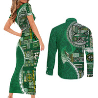 Samoan Siapo Art Tattoo Polynesian Pattern Couples Matching Short Sleeve Bodycon Dress and Long Sleeve Button Shirt Green Color LT03 - Polynesian Pride