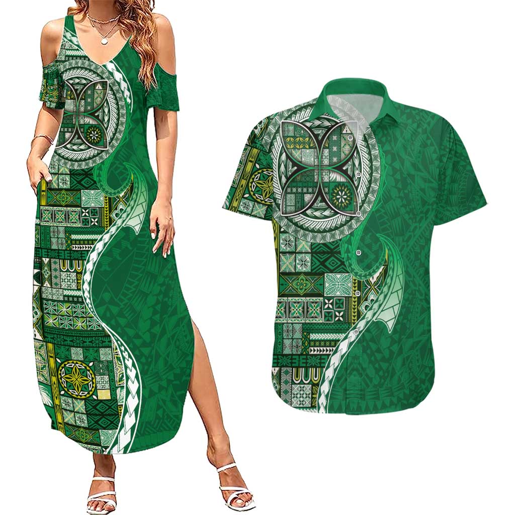 Samoan Siapo Art Tattoo Polynesian Pattern Couples Matching Summer Maxi Dress and Hawaiian Shirt Green Color LT03 Green - Polynesian Pride