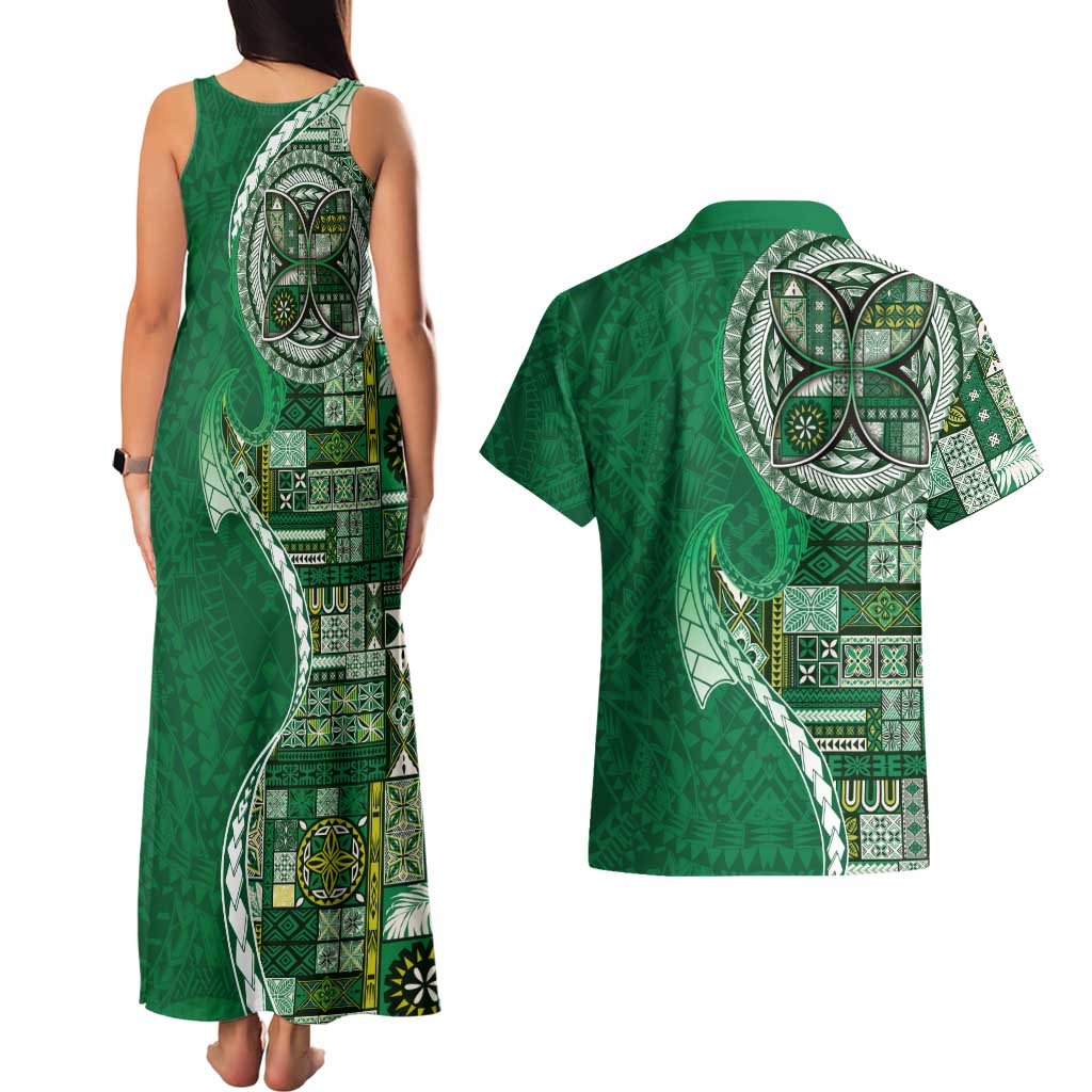 Samoan Siapo Art Tattoo Polynesian Pattern Couples Matching Tank Maxi Dress and Hawaiian Shirt Green Color LT03 - Polynesian Pride